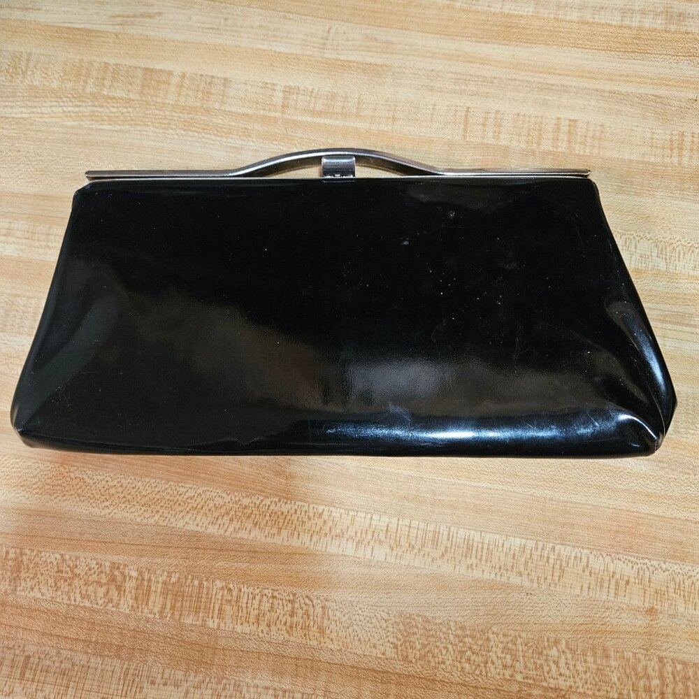 Vintage Black Patent Leather Clutch Purse With Goldtone Frame Clasp Closure